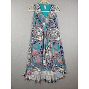 Chico's Blue Floral Sleeveless V Neck Midi Shift Hi Low Dress Women’s 2 Large